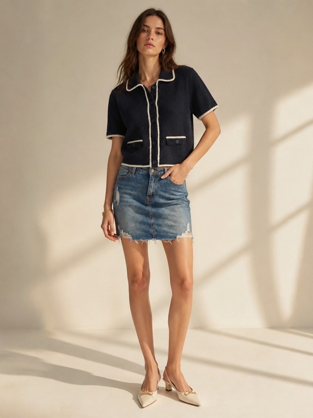 H&M Divided Navy Contrast Trim Collared Knit Cardigan Top Size Medium Preppy Mod
